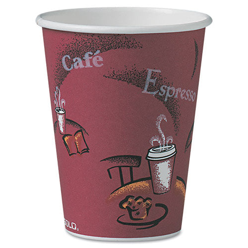 Paper Hot Drink Cups In Bistro Design, 10 Oz, Maroon, 300/carton