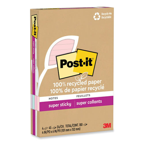 100% Recycled Paper Super Sticky Notes, Ruled, 4" X 6", Wanderlust Pastels, 45 Sheets/pad, 4 Pads/pack