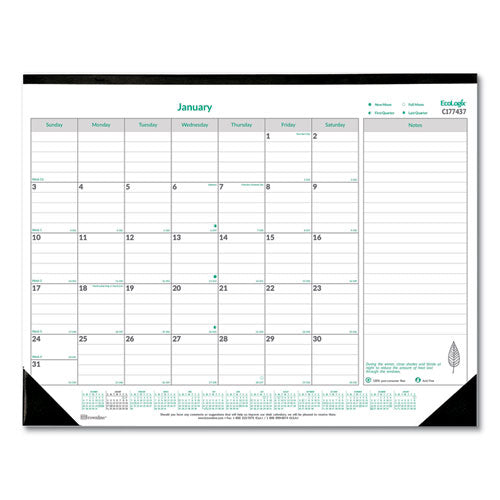 Ecologix Monthly Desk Pad Calendar, 22 X 17, White/green Sheets, Black Binding/corners, 12-month (jan To Dec): 2023