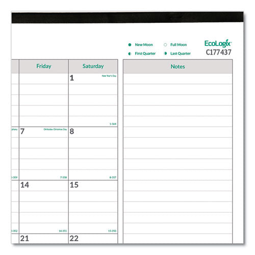 Ecologix Monthly Desk Pad Calendar, 22 X 17, White/green Sheets, Black Binding/corners, 12-month (jan To Dec): 2023