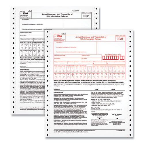 1096 Tax Form For Dot Matrix Printers, Fiscal Year: 2022, Two-part Carbonless, 8 X 11, 10 Forms Total