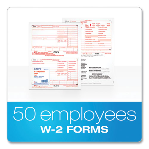 W-2 Tax Form For Inkjet/laser Printers, Fiscal Year: 2022, Four-part Carbonless, 8.5 X 5.5, 2 Forms/sheet, 50 Forms Total