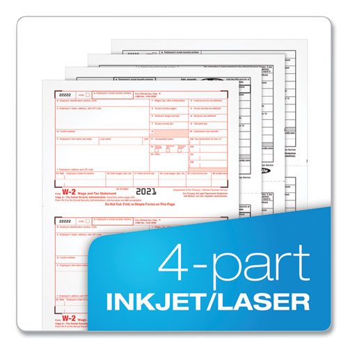 W-2 Tax Form For Inkjet/laser Printers, Fiscal Year: 2022, Four-part Carbonless, 8.5 X 5.5, 2 Forms/sheet, 50 Forms Total