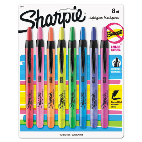 Retractable Highlighters With Storage Pouch, Assorted Ink Colors, Chisel Tip, Assorted Barrel Colors, 8/set