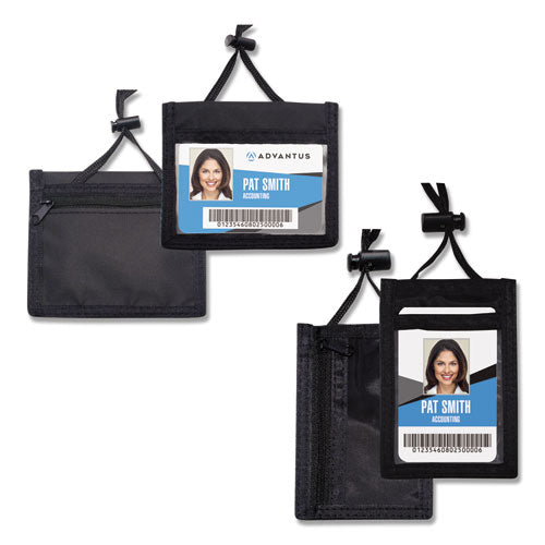 Id Badge Holders With Convention Neck Pouch, Horizontal, Black/clear 5" X 4.25" Holder, 2.75" X 4" Insert, 48" Cord, 12/pack