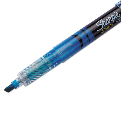Liquid Pen Style Highlighters, Fluorescent Blue Ink, Chisel Tip, Blue/black/clear Barrel, Dozen