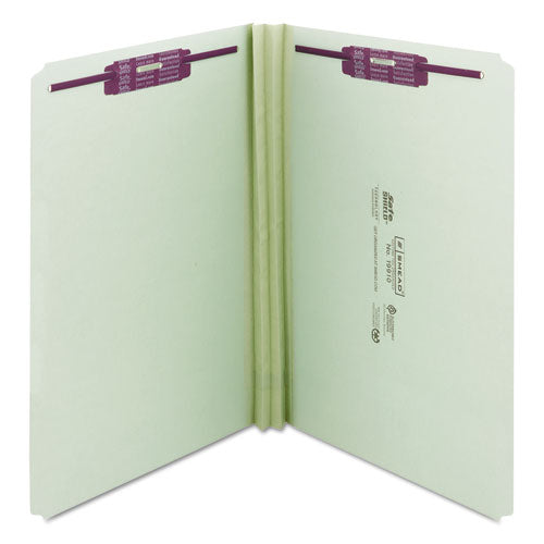 Recycled Pressboard Fastener Folders, Straight Tabs, Two Safeshield Fasteners, 2" Expansion, Legal Size, Gray-green, 25/box