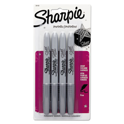 Metallic Fine Point Permanent Markers, Fine Bullet Tip, Metallic Silver, 4/pack