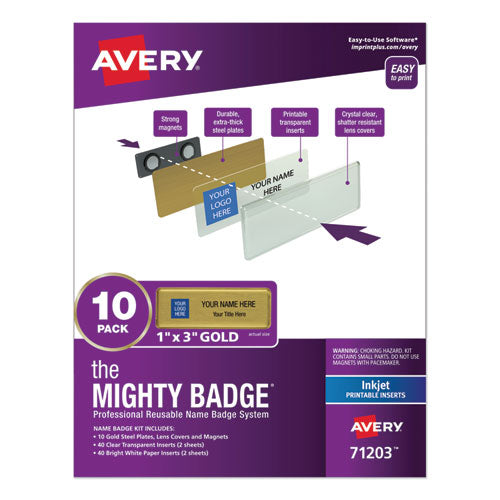 The Mighty Badge Name Badge Holder Kit, Horizontal, 3 X 1, Laser, Silver, 4 Holders/32 Inserts