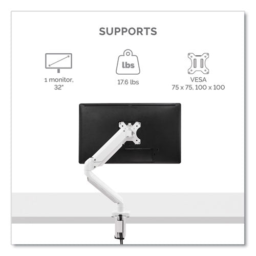 Platinum Series Single Monitor Arm, For 27" Monitors, 360 Deg Rotation, 45 Deg Tilt, 180 Deg Pan, White, Supports 20 Lb