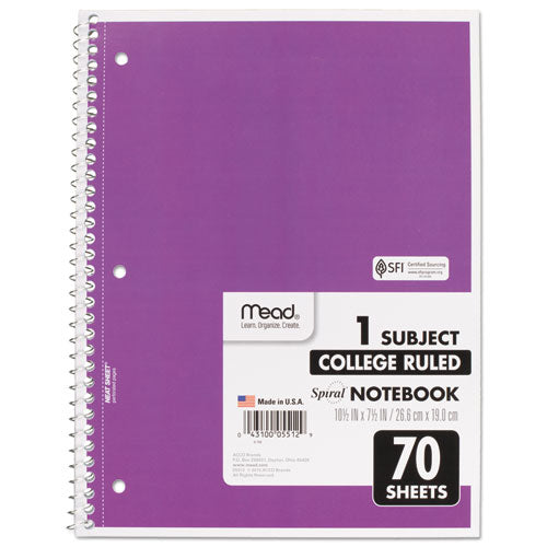 Spiral Notebook, 3-hole Punched, 1-subject, Medium/college Rule, Randomly Assorted Cover Color, (70) 10.5 X 7.5 Sheets