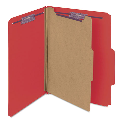 Four-section Pressboard Top Tab Classification Folders, Four Safeshield Fasteners, 1 Divider, Letter Size, Bright Red, 10/box