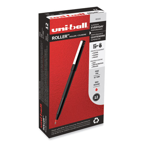 Roller Ball Pen, Stick, Fine 0.7 Mm, Red Ink, Black Matte Barrel, Dozen