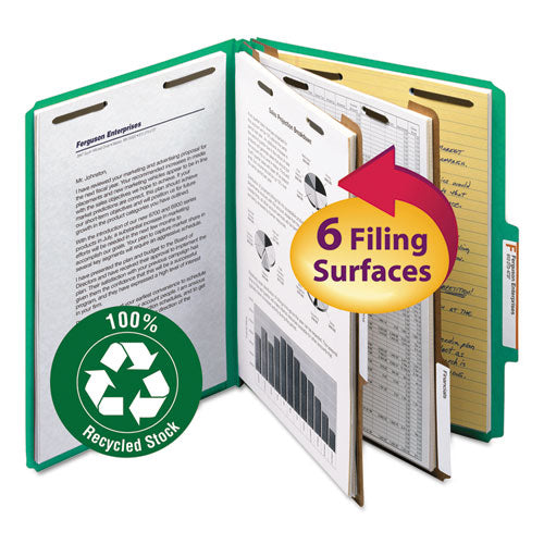 Recycled Pressboard Classification Folders, 2" Expansion, 2 Dividers, 6 Fasteners, Letter Size, Green Exterior, 10/box