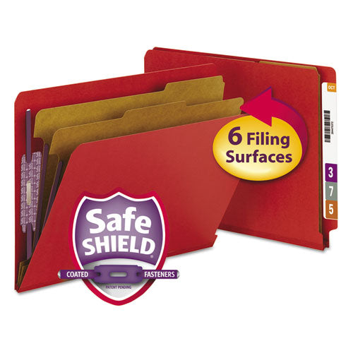 End Tab Pressboard Classification Folders, Six Safeshield Fasteners, 2" Expansion, 2 Dividers, Letter Size, Bright Red, 10/bx