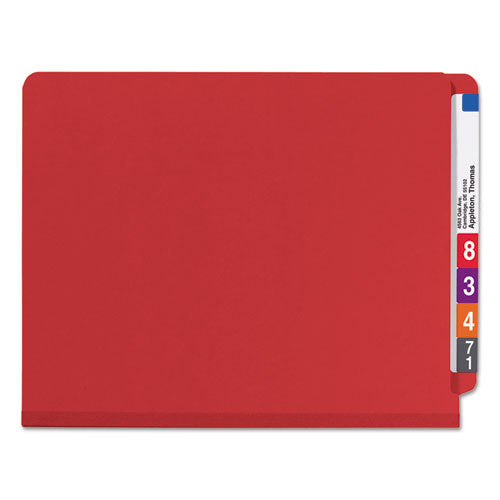 End Tab Pressboard Classification Folders, Six Safeshield Fasteners, 2" Expansion, 2 Dividers, Letter Size, Bright Red, 10/bx