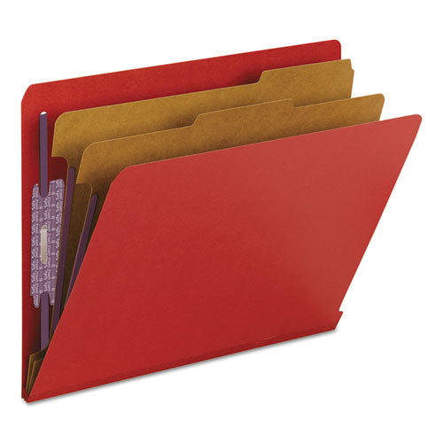 End Tab Pressboard Classification Folders, Six Safeshield Fasteners, 2" Expansion, 2 Dividers, Letter Size, Bright Red, 10/bx