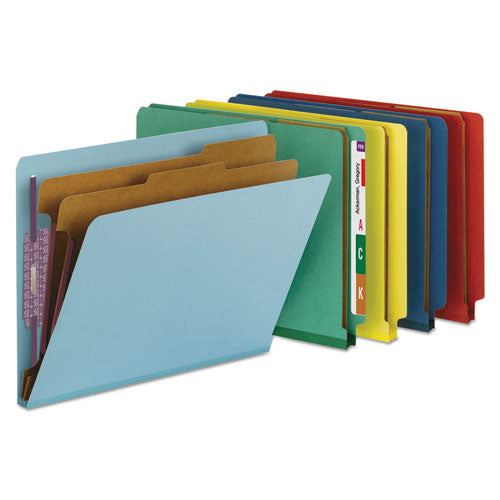 End Tab Pressboard Classification Folders, Six Safeshield Fasteners, 2" Expansion, 2 Dividers, Letter Size, Bright Red, 10/bx