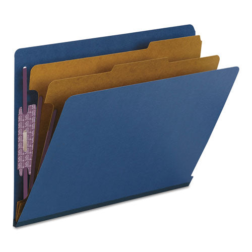 End Tab Pressboard Classification Folders, Six Safeshield Fasteners, 2" Expansion, 2 Dividers, Letter Size, Dark Blue, 10/box