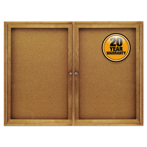 Enclosed Indoor Cork Bulletin Board With Two Hinged Doors, 48 X 36, Natural Surface, Oak Fiberboard Frame
