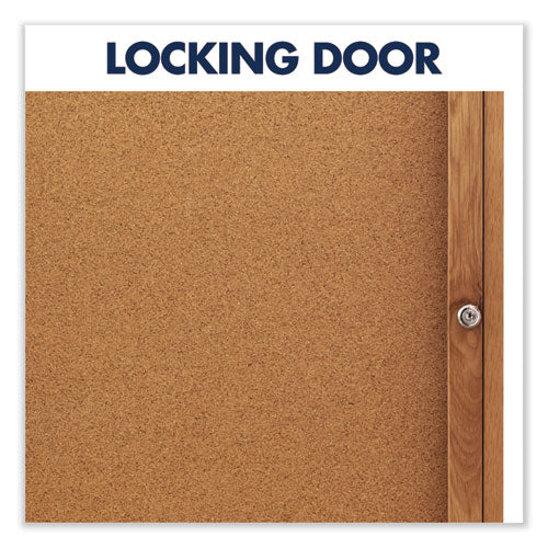 Enclosed Indoor Cork Bulletin Board With Two Hinged Doors, 48 X 36, Natural Surface, Oak Fiberboard Frame