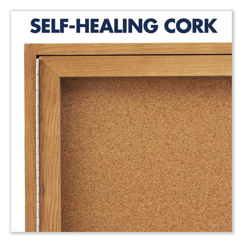 Enclosed Indoor Cork Bulletin Board With Two Hinged Doors, 48 X 36, Natural Surface, Oak Fiberboard Frame