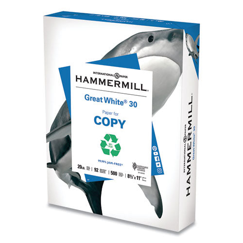 Great White 30 Recycled Print Paper, 92 Bright, 3hole, 20 Lb Bond Weight, 8.5 X 11, White, 500 Sheets/ream, 10 Reams/carton