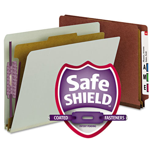 End Tab Pressboard Classification Folders, Four Safeshield Fasteners, 2" Expansion, 1 Divider, Letter Size, Red, 10/box