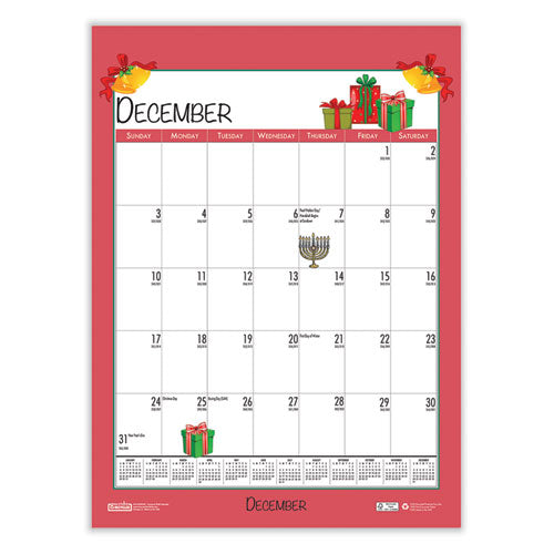 Recycled Seasonal Wall Calendar, Illustrated Seasons Artwork, 12 x 16.5, 12-Month (July to June): 2023 to 2024