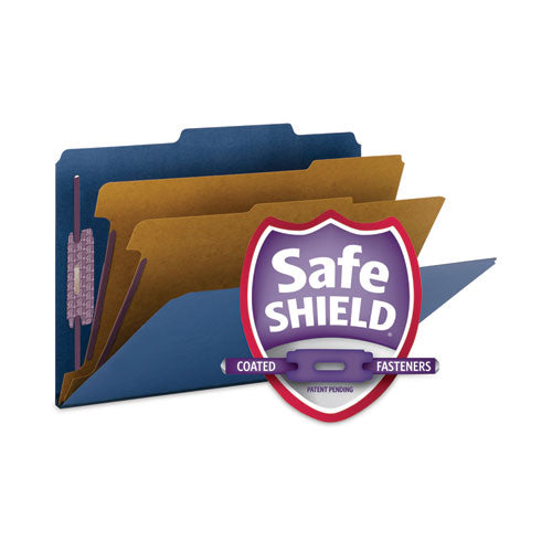 Six-section Pressboard Top Tab Classification Folders, Six Safeshield Fasteners, 2 Dividers, Legal Size, Dark Blue, 10/box