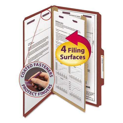 Pressboard Classification Folders, Four Safeshield Fasteners, 2/5-cut Tabs, 1 Divider, Legal Size, Red, 10/box