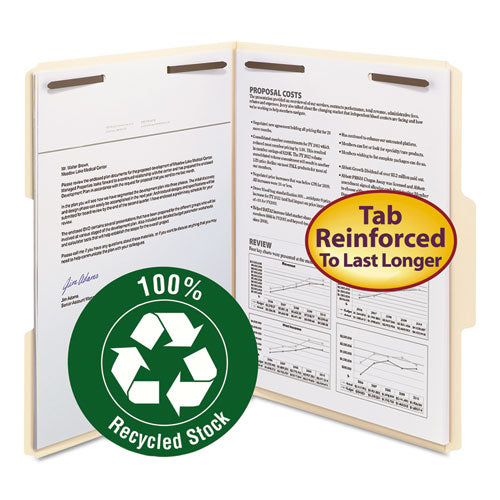 Recycled Top Tab Fastener Folders, 1/3-cut Tabs: Assorted, 0.75" Expansion, 2 Fasteners, Letter Size, Manila Exterior, 50/box