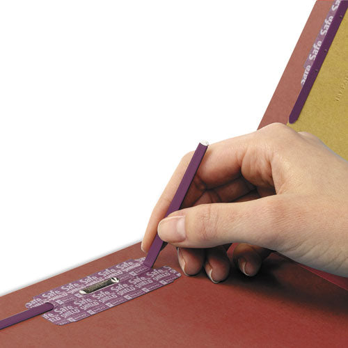 End Tab Pressboard Classification Folders, Six Safeshield Fasteners, 2" Expansion, 2 Dividers, Letter Size, Red, 10/box