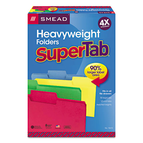 Supertab Colored File Folders, 1/3-cut Tabs: Assorted, Legal Size, 0.75" Expansion, 14-pt Stock, Assorted Colors, 50/box