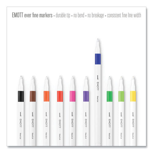 Emott Porous Point Pen, Stick, Fine 0.4 Mm, Assorted Ink Colors, White Barrel, 10/pack