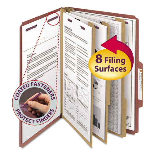 Pressboard Classification Folders, Eight Safeshield Fasteners, 2/5-cut Tabs, 3 Dividers, Legal Size, Red, 10/box