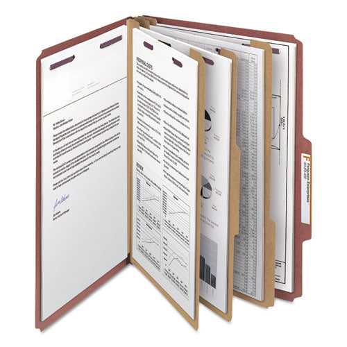 Pressboard Classification Folders, Eight Safeshield Fasteners, 2/5-cut Tabs, 3 Dividers, Legal Size, Red, 10/box