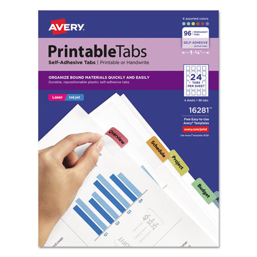 Printable Plastic Tabs With Repositionable Adhesive, 1/5-cut, Assorted Colors, 1.75" Wide, 80/pack