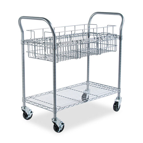 Dual-purpose Wire Mail And Filing Cart, Metal, 1 Shelf, 1 Bin, 39" X 18.75" X 38.5", Metallic Gray