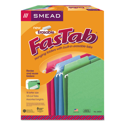 Erasable Folders, Letter Size, 1/3-cut Tabs, Assorted Colors, 18/box