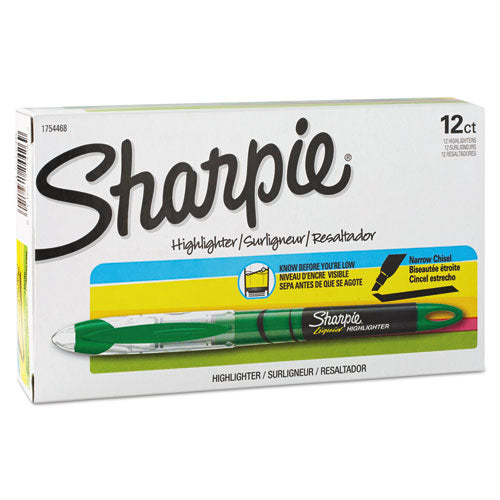 Liquid Pen Style Highlighters, Fluorescent Green Ink, Chisel Tip, Green/black/clear Barrel, Dozen