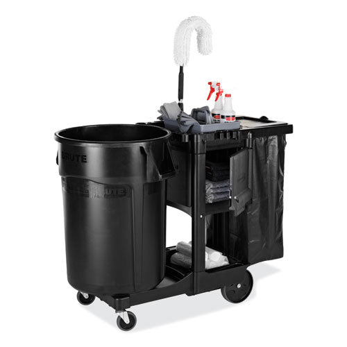 Executive Janitorial Cleaning Cart, Plastic, 4 Shelves, 1 Bin, 12.1" X 22.4" X 23", Black