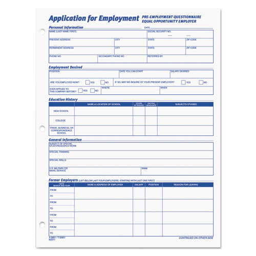 Employee Application Form, One-part (no Copies), 11 X 8.38, 50 Forms/pad, 2 Pads/pack