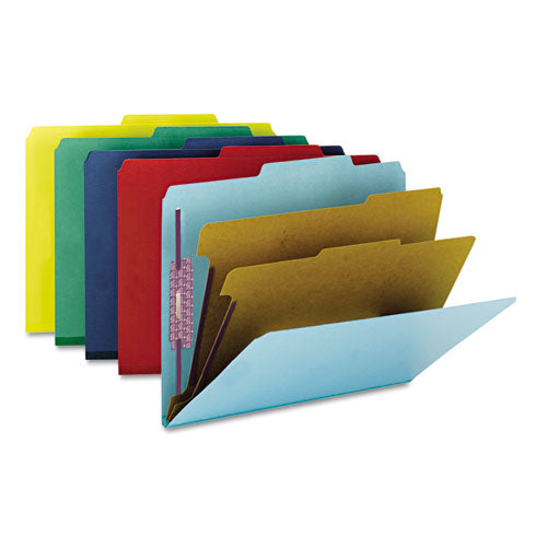 Six-section Pressboard Top Tab Classification Folders, Six Safeshield Fasteners, 2 Dividers, Letter Size, Blue, 10/box