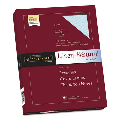 100% Cotton Premium Weight Linen Resume Paper, 32 lb Bond Weight, 8.5 x 11, Blue, 100/Pack 100% Cotton Premium Weight Linen Resume Paper, 32 lb Bond Weight, 8.5 x 11, Blue, 100/Pack