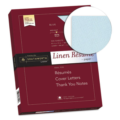 100% Cotton Premium Weight Linen Resume Paper, 32 lb Bond Weight, 8.5 x 11, Blue, 100/Pack 100% Cotton Premium Weight Linen Resume Paper, 32 lb Bond Weight, 8.5 x 11, Blue, 100/Pack