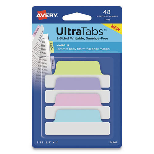Ultra Tabs Repositionable Tabs, Margin Tabs: 2.5" X 1", 1/5-cut, Assorted Colors, 24/pack