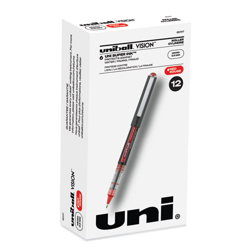 Uni-Ball Vision Roller Ball Pen, Stick, Micro 0.5 mm, Red Ink, Gray/Red Barrel, Dozen