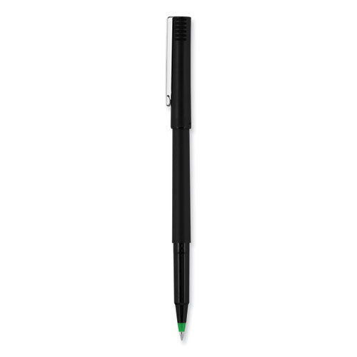 Roller Ball Pen, Stick, Micro 0.5 Mm, Green Ink, Black Matte Barrel, Dozen