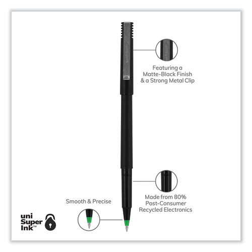 Roller Ball Pen, Stick, Micro 0.5 Mm, Green Ink, Black Matte Barrel, Dozen